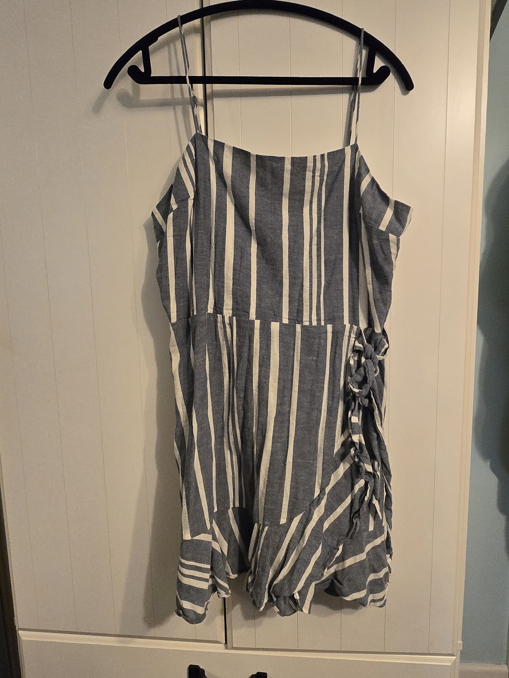 Express Blue and White Striped Linen Dress With Bow & Ruffle Detail Size L